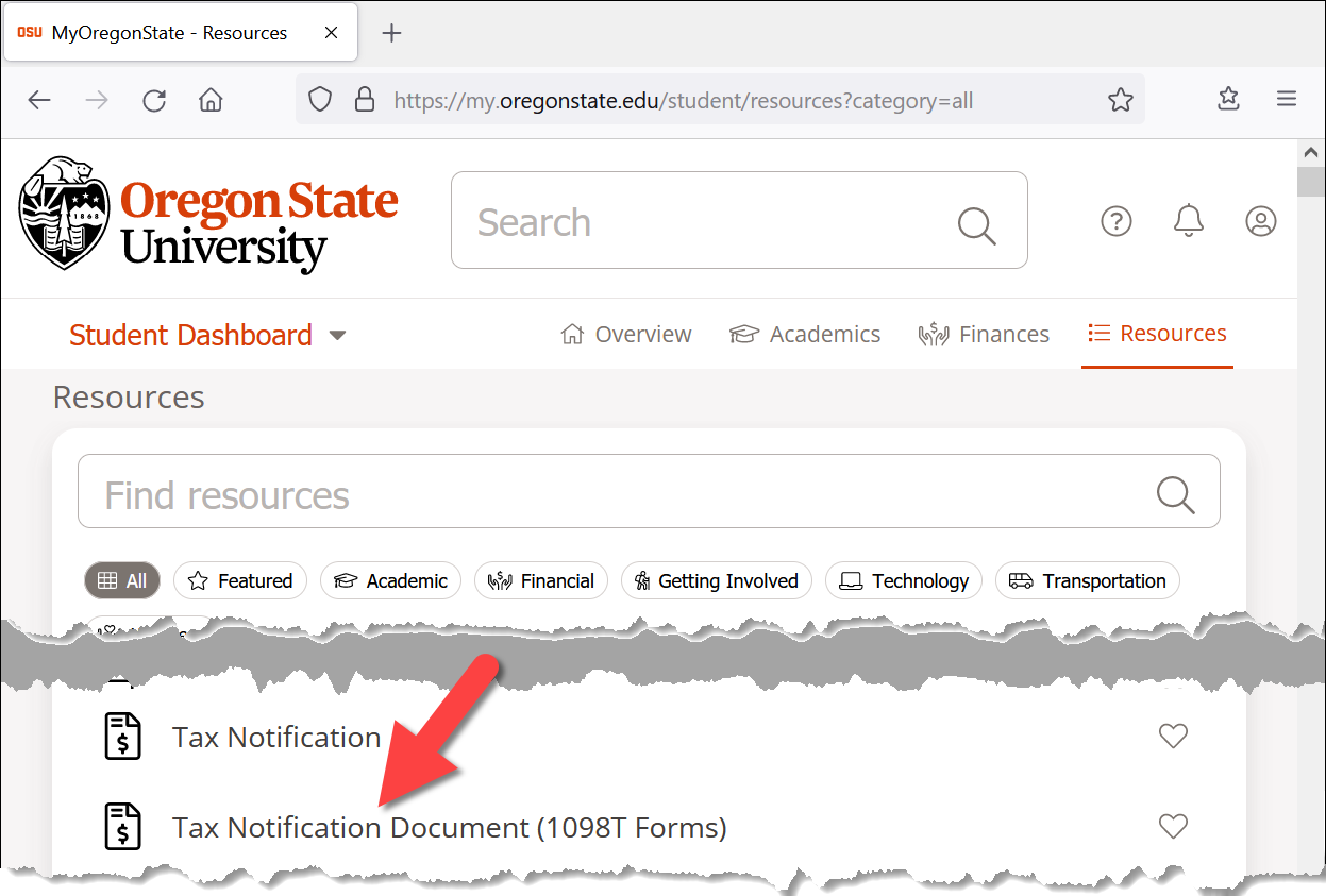 my oregon state resources page all resouces selected and showing tax notification document (1098t forms) link