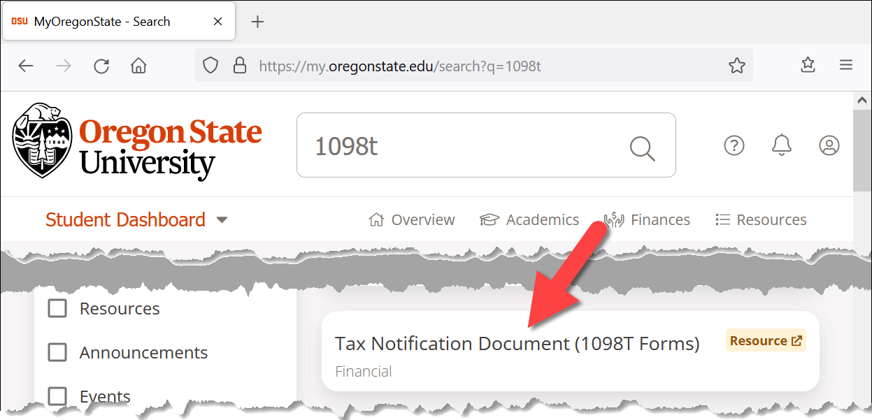 my oregon state 1098t search results showing tax notification document (1098t forms) link